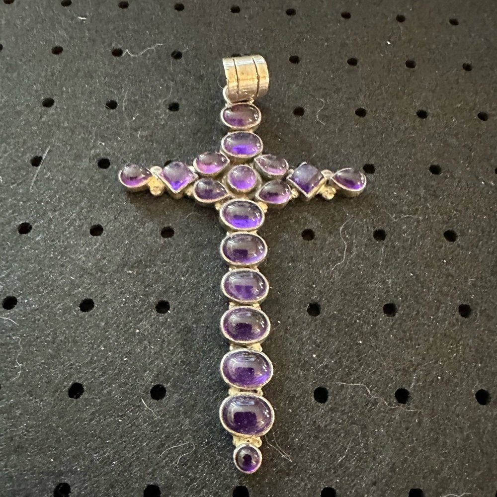 Silver Cross Pendant with Purple Gemstones - Women Jewelry